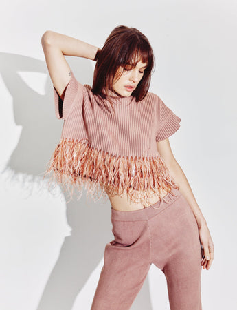Cropped Feather Trimmed Top in Mocha