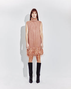 Feather Trimmed Dress in Mocha