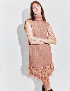 Feather Trimmed Dress in Mocha
