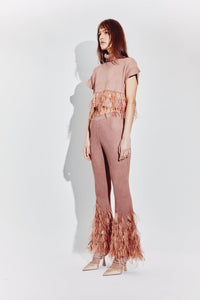Feather Trimmed Flared Pants in Mocha
