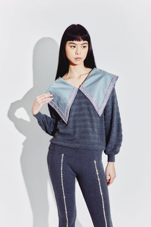 Embellished Peter Pan Collared Sweater in Steel