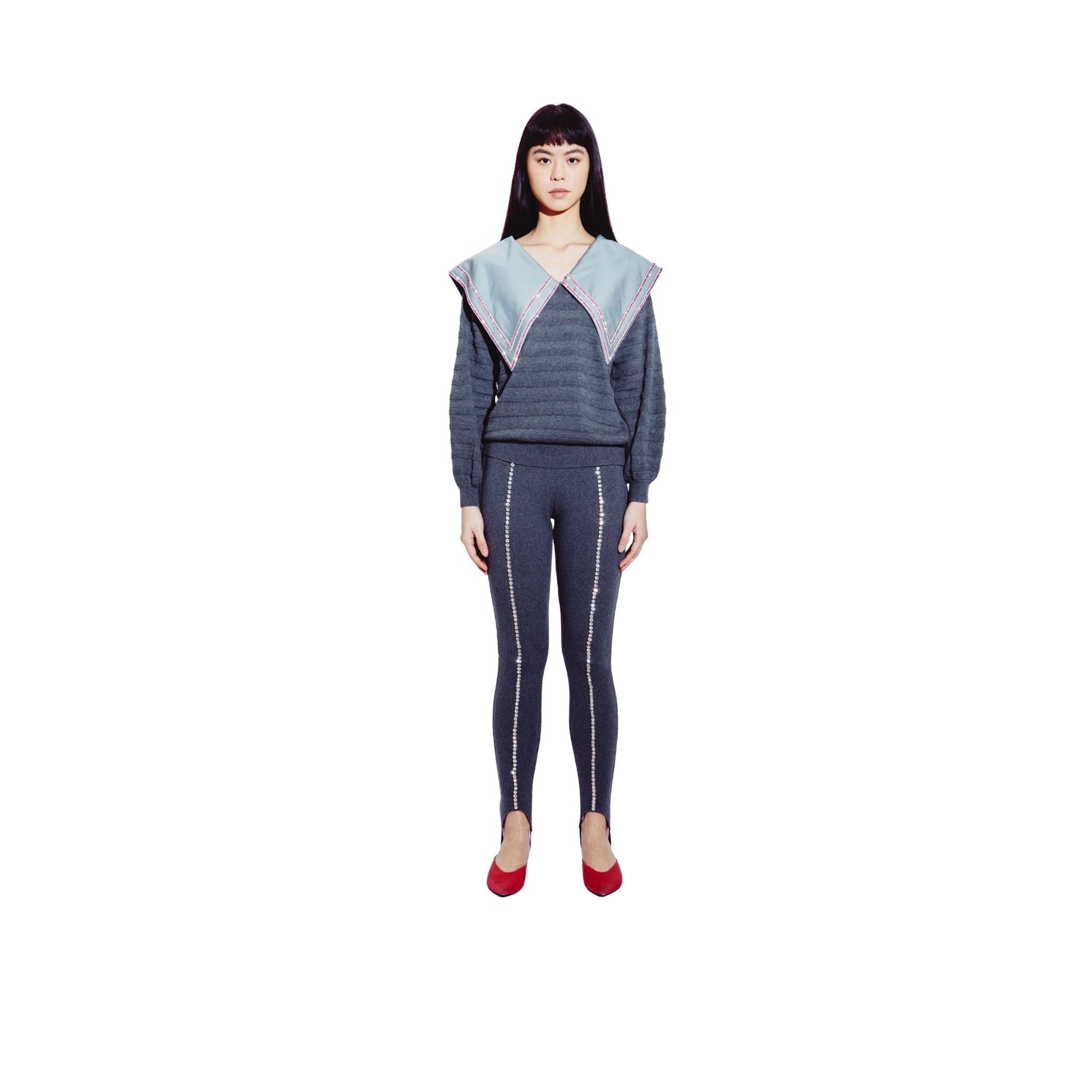 Embellished Peter Pan Collared Sweater in Steel