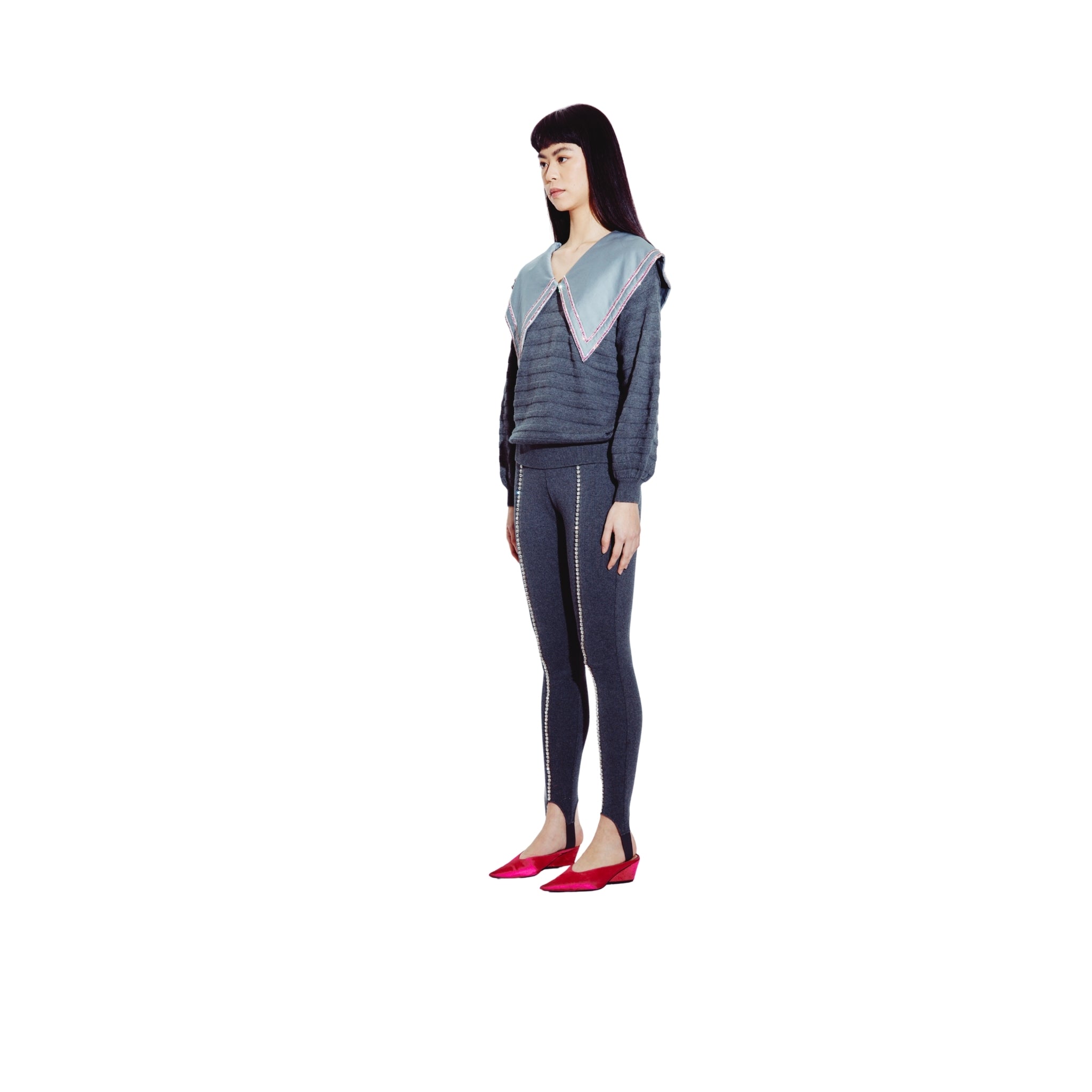 Embellished Peter Pan Collared Sweater in Steel