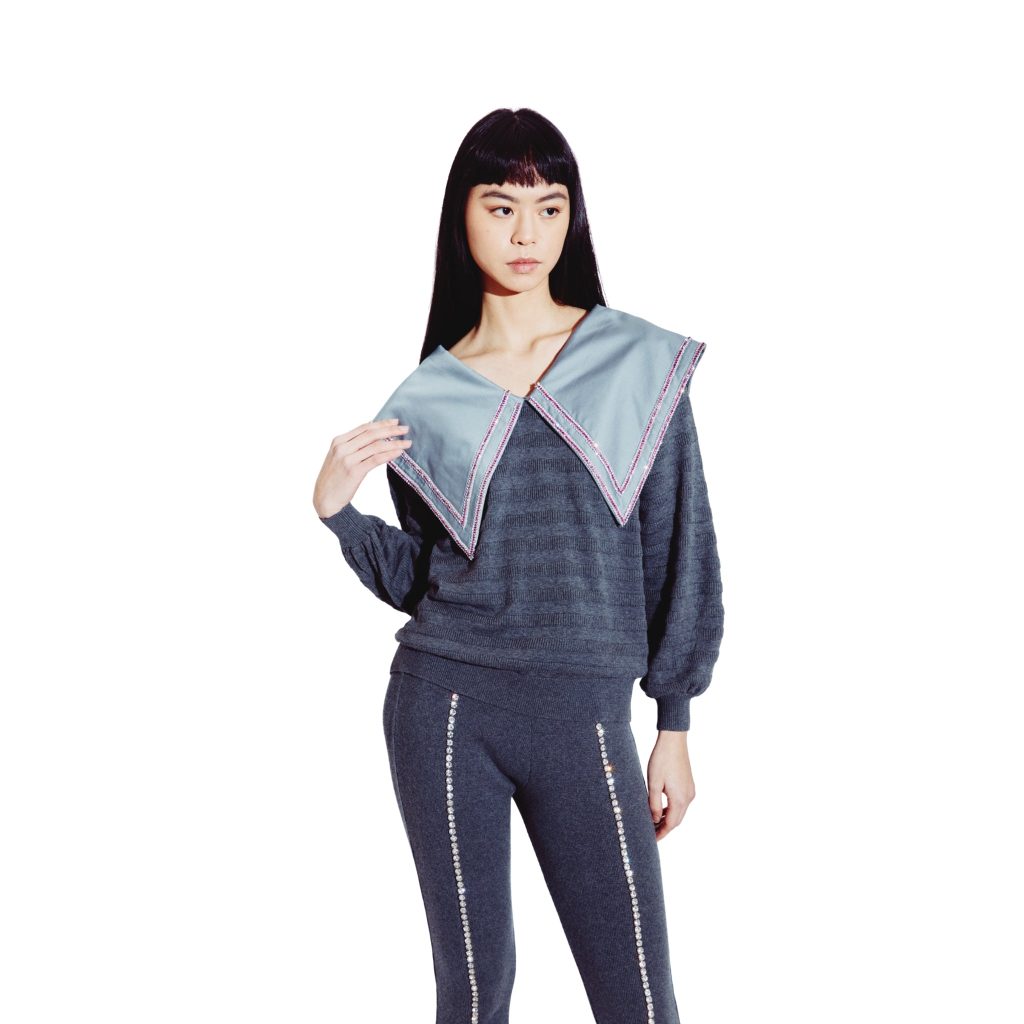 Embellished Peter Pan Collared Sweater in Steel
