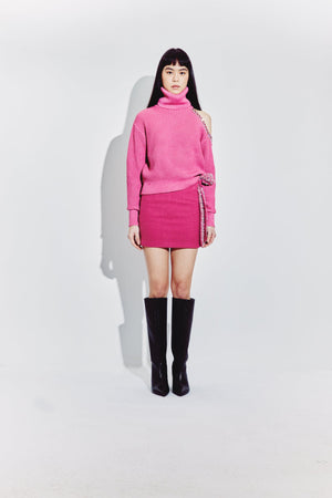 Embellished Cutout Polo Neck Sweater in Magenta