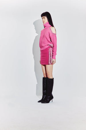 Embellished Cutout Polo Neck Sweater in Magenta