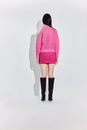 Embellished Cutout Polo Neck Sweater in Magenta