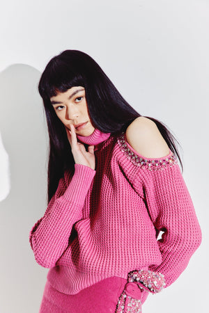 Embellished Cutout Polo Neck Sweater in Magenta