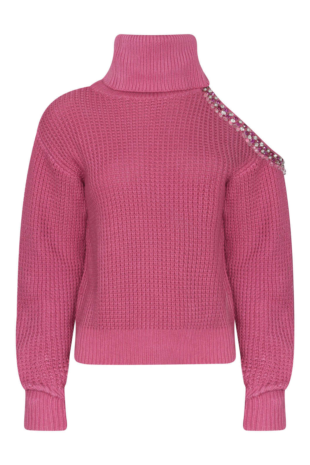 Embellished Cutout Polo Neck Sweater in Magenta
