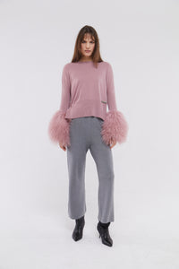 Round Neck Sweater with Shearling Cuff in Blush