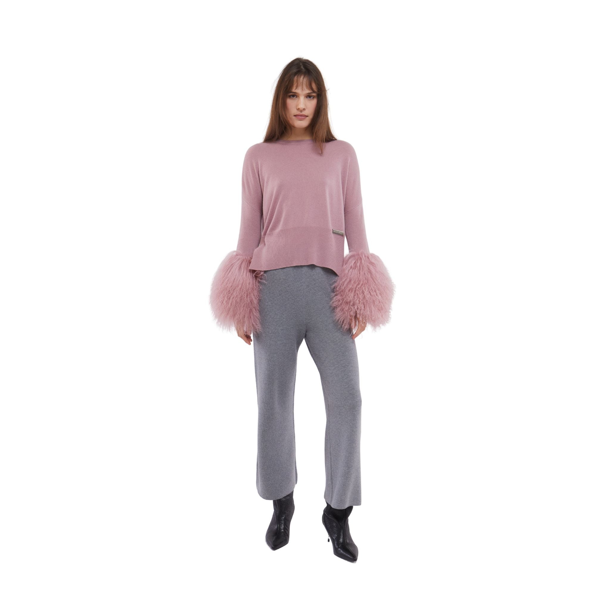 Round Neck Sweater with Shearling Cuff in Blush