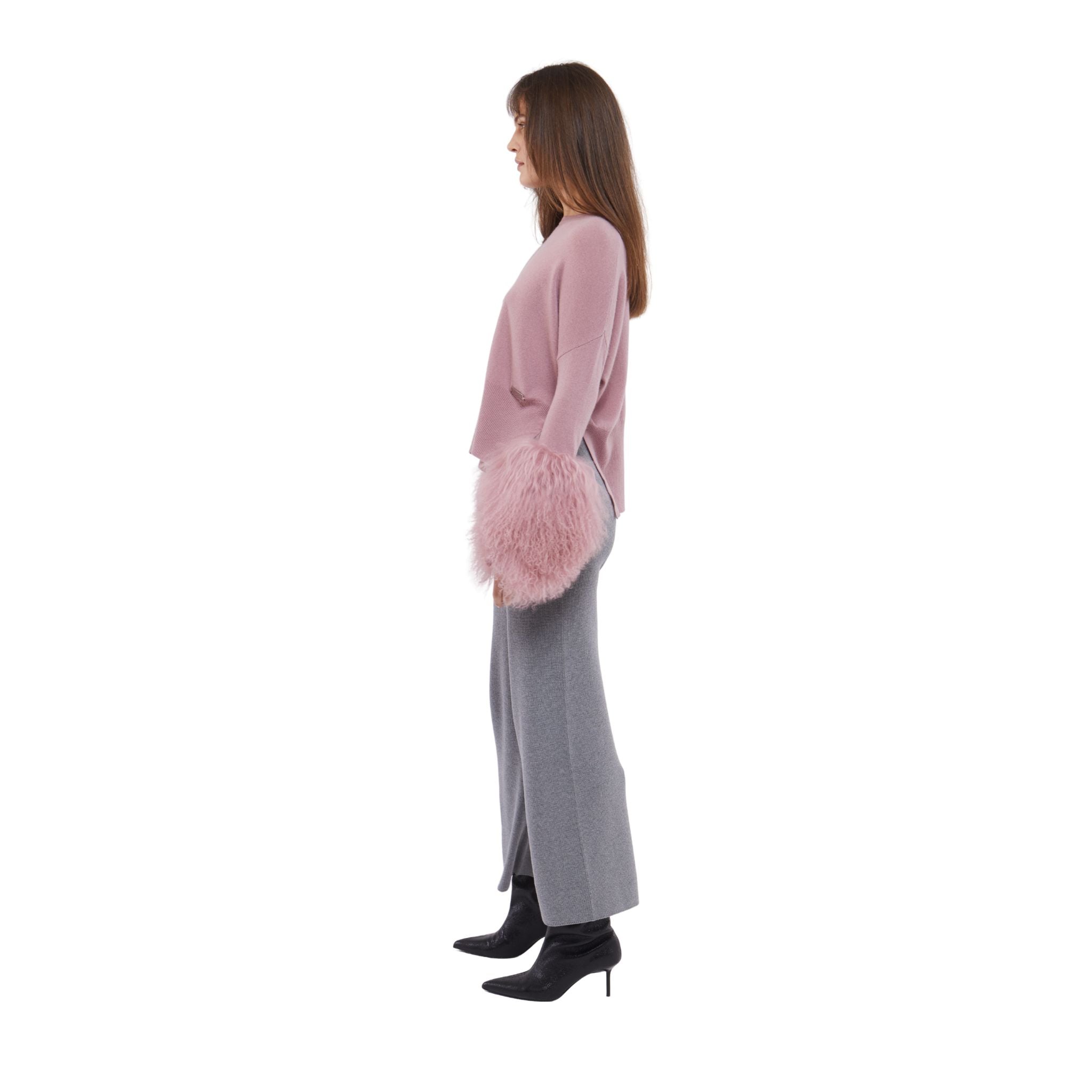 Round Neck Sweater with Shearling Cuff in Blush