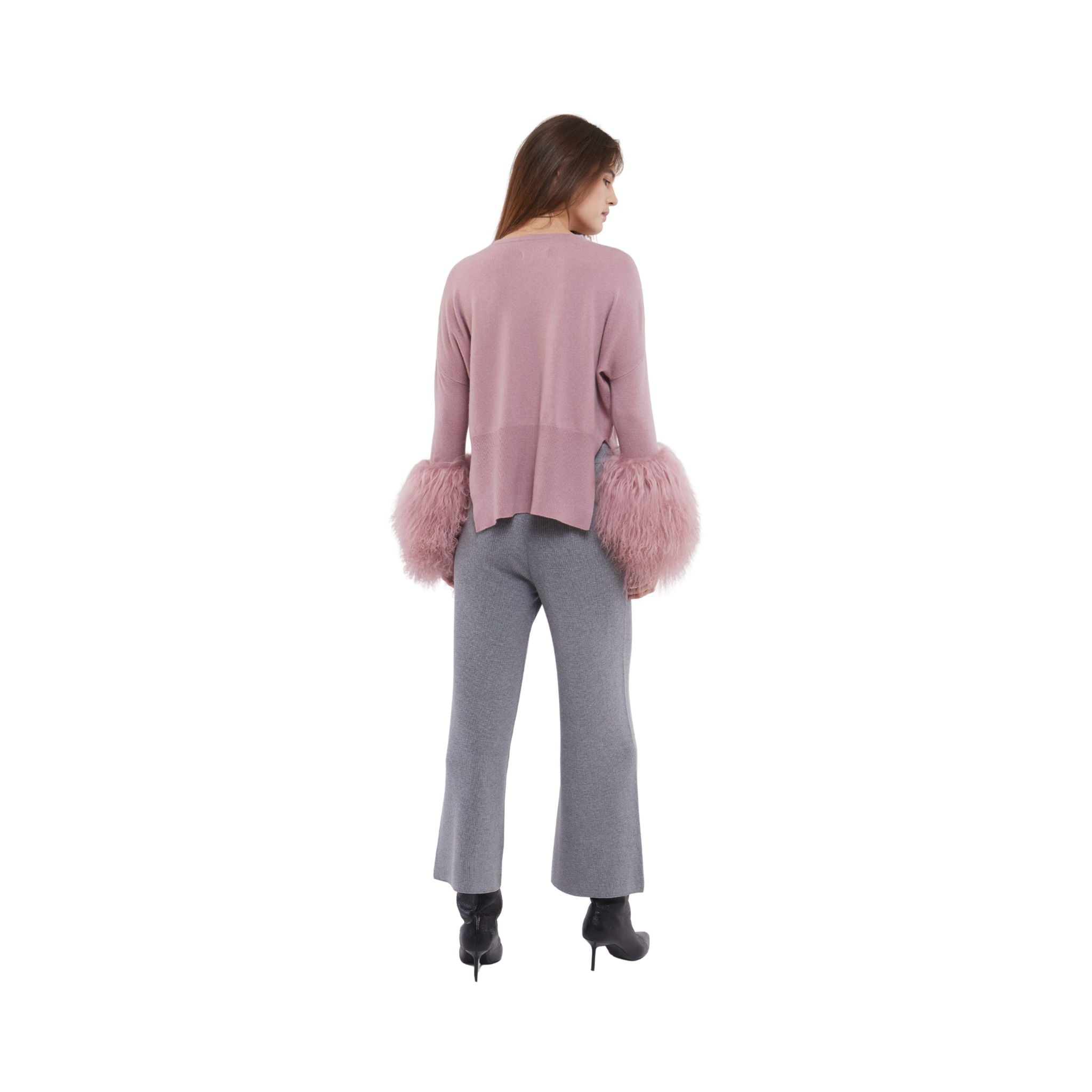 Round Neck Sweater with Shearling Cuff in Blush