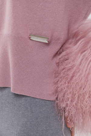 Round Neck Sweater with Shearling Cuff in Blush