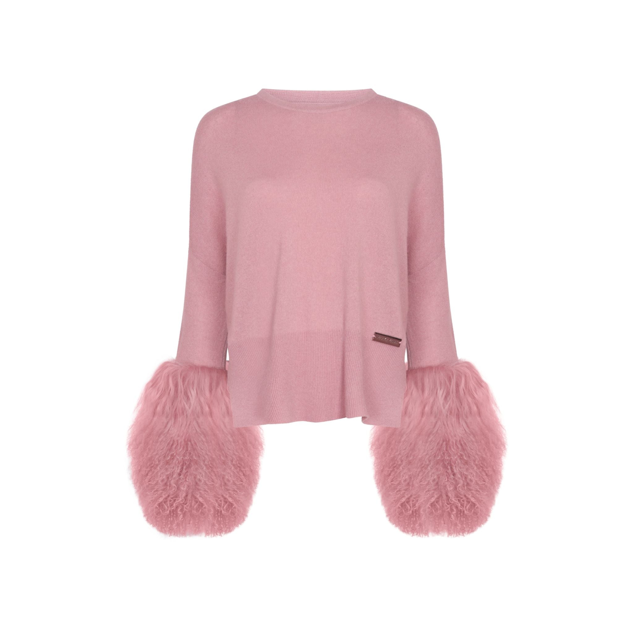 Round Neck Sweater with Shearling Cuff in Blush