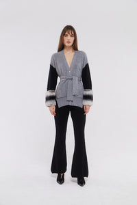 Tie Detail Cuff Cardigan in Mist and Black