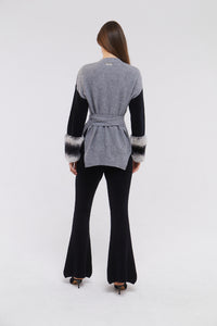 Tie Detail Cuff Cardigan in Mist and Black