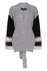 Tie Detail Cuff Cardigan in Mist and Black