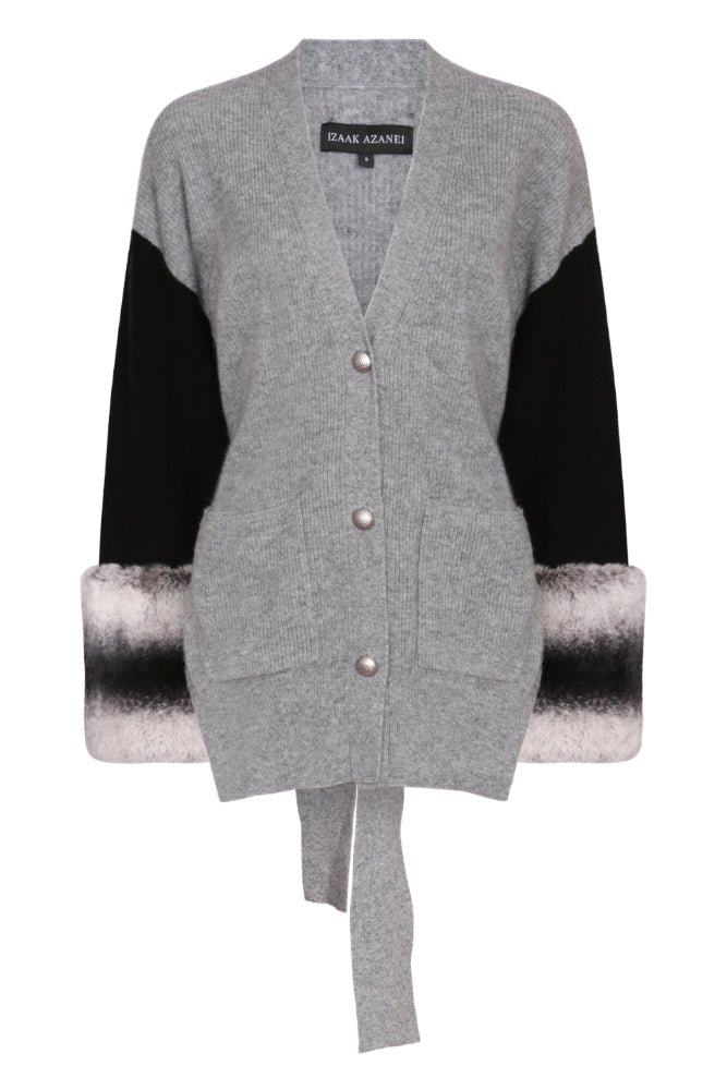 Tie Detail Cuff Cardigan in Mist and Black