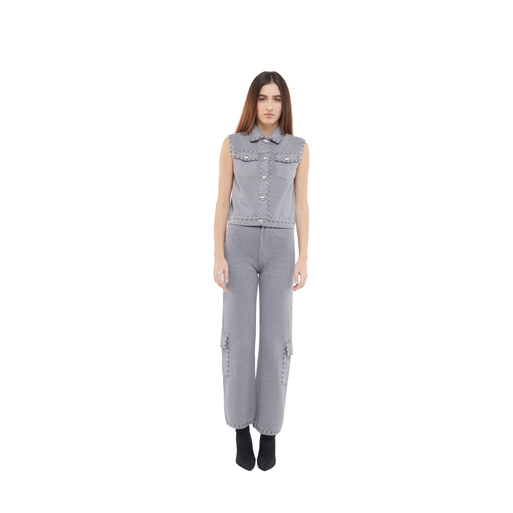 Embellished Wide Leg Pants in Stone