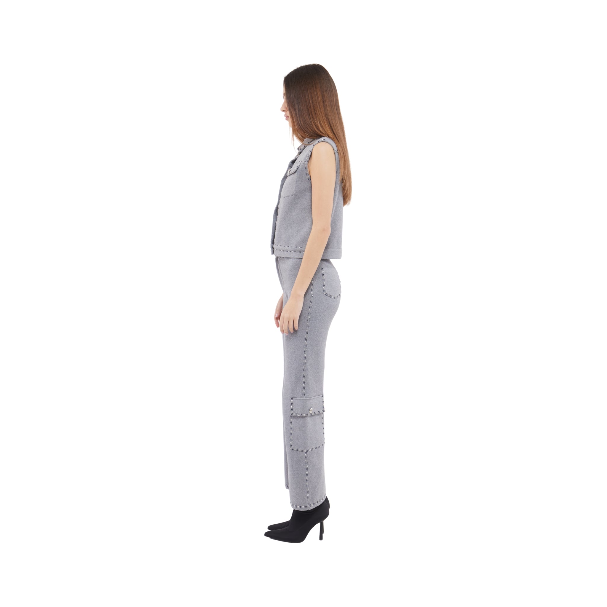 Embellished Wide Leg Pants in Stone