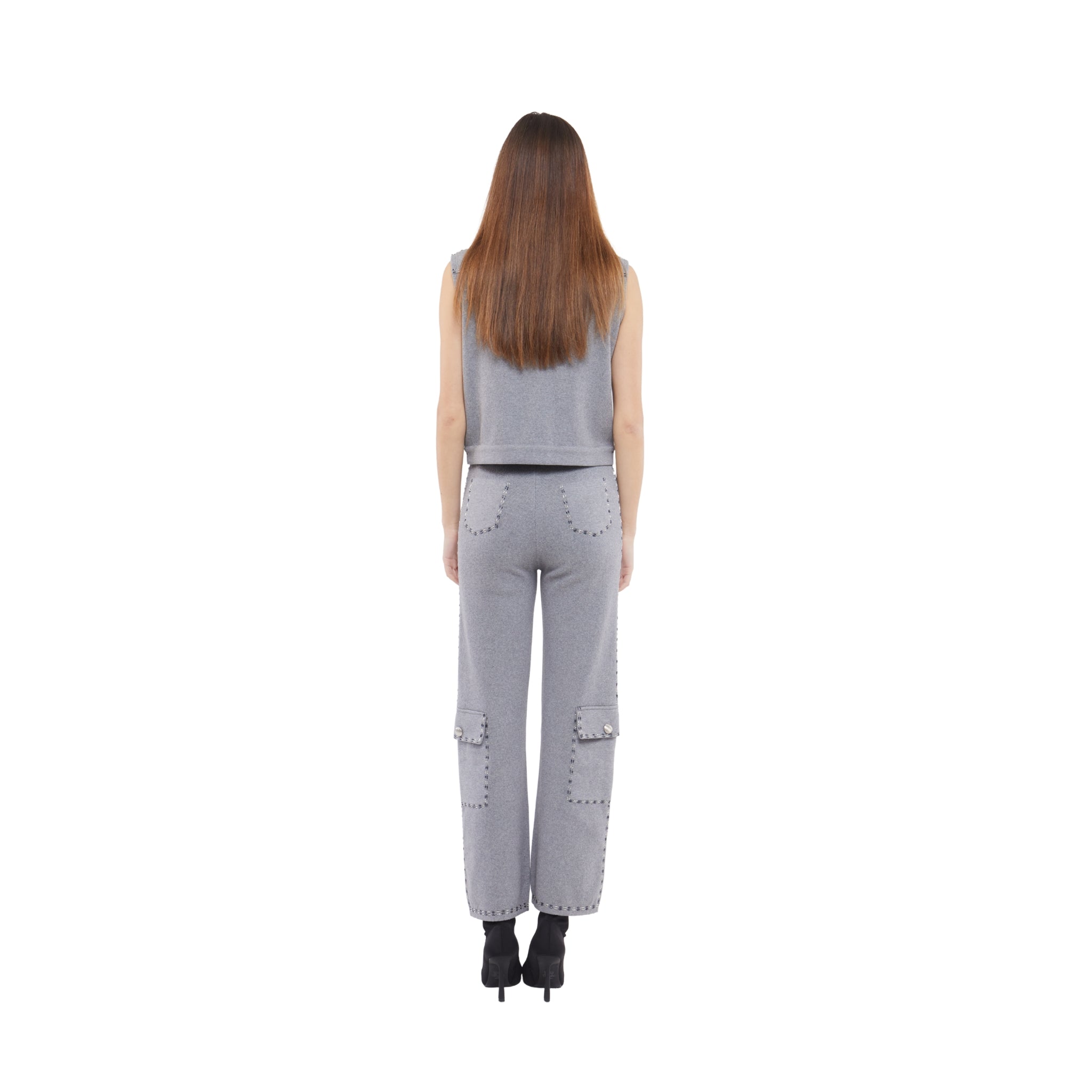 Embellished Wide Leg Pants in Stone
