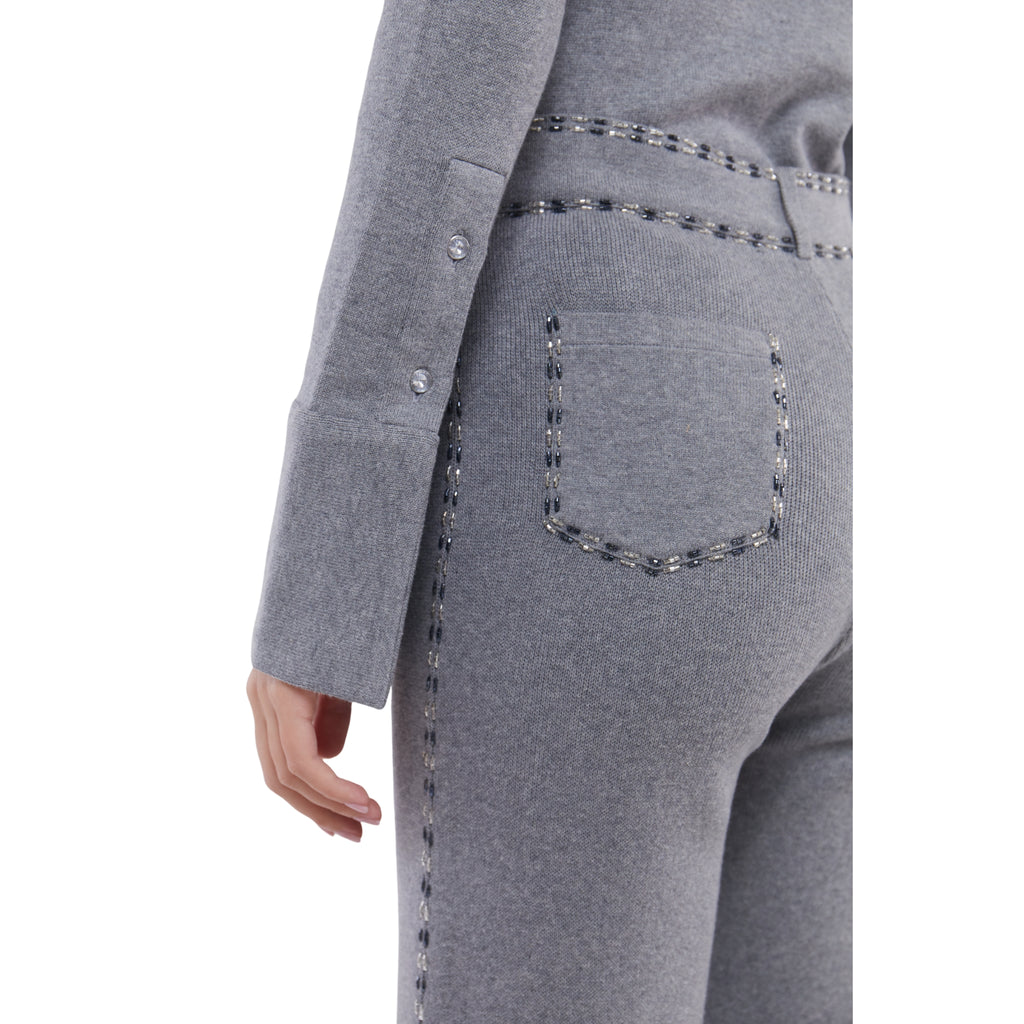 Embellished Wide Leg Pants in Stone