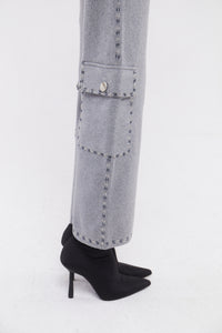 Embellished Wide Leg Pants in Stone