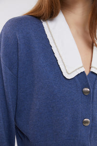 Contrast Collar Cardigan in Denim Blue and Moonstone