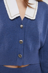 Contrast Collar Cardigan in Denim Blue and Moonstone