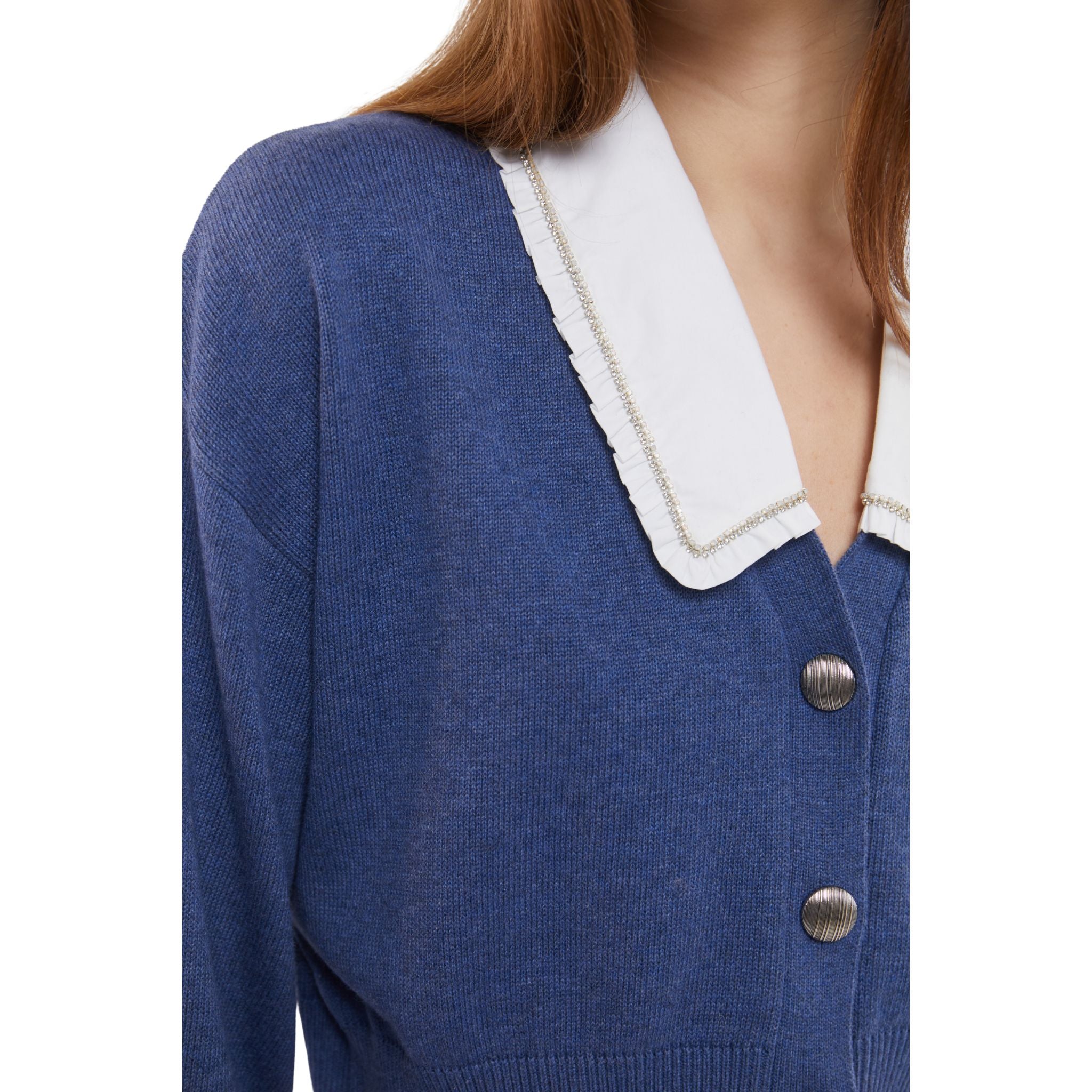 Contrast Collar Cardigan in Denim Blue and Moonstone