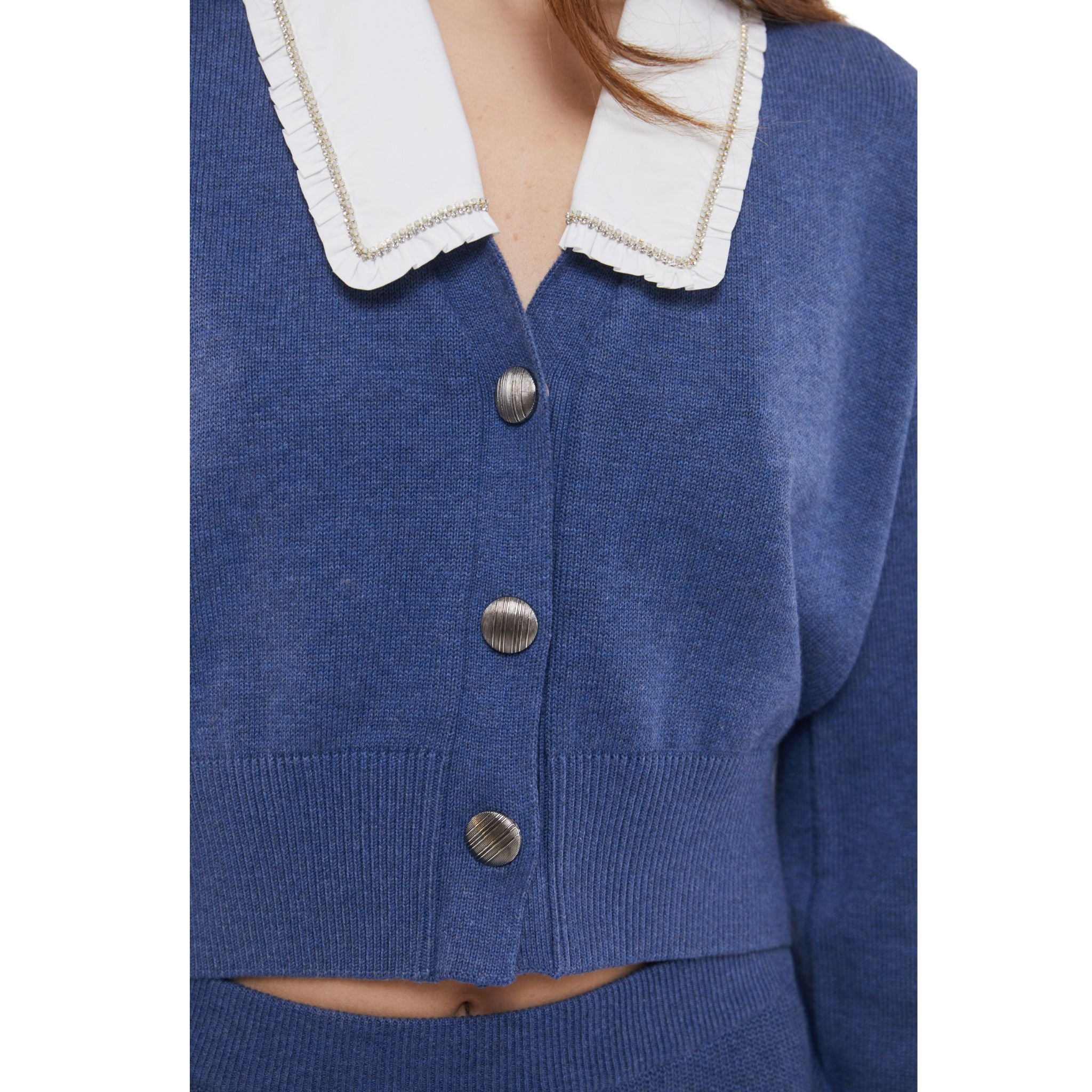 Contrast Collar Cardigan in Denim Blue and Moonstone
