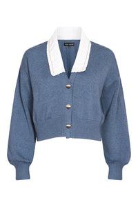 Contrast Collar Cardigan in Denim Blue and Moonstone