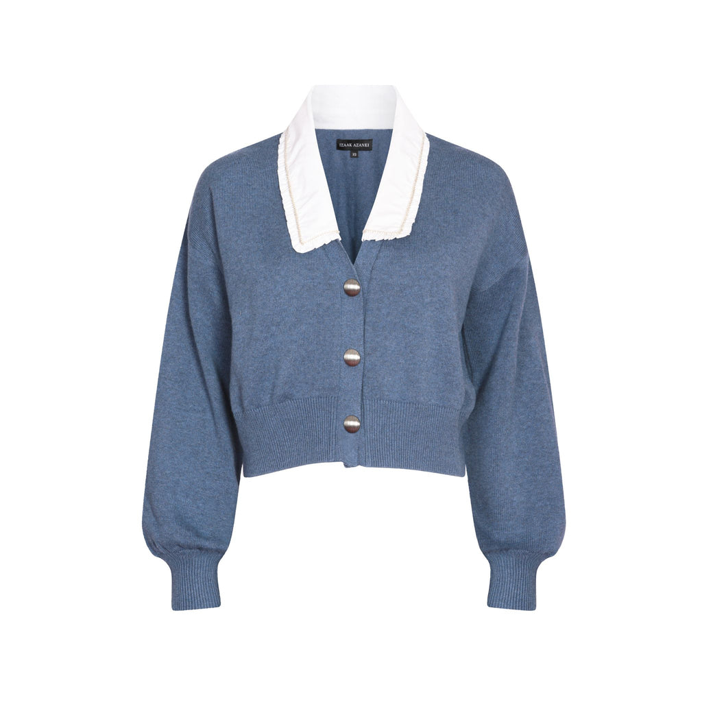 Contrast Collar Cardigan in Denim Blue and Moonstone