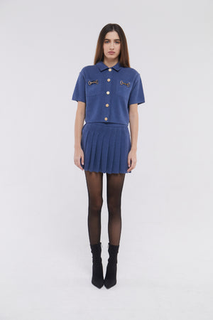 Short Sleeve Cardigan with Horsebit Detail in Denim Blue