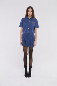 Short Sleeve Cardigan with Horsebit Detail in Denim Blue