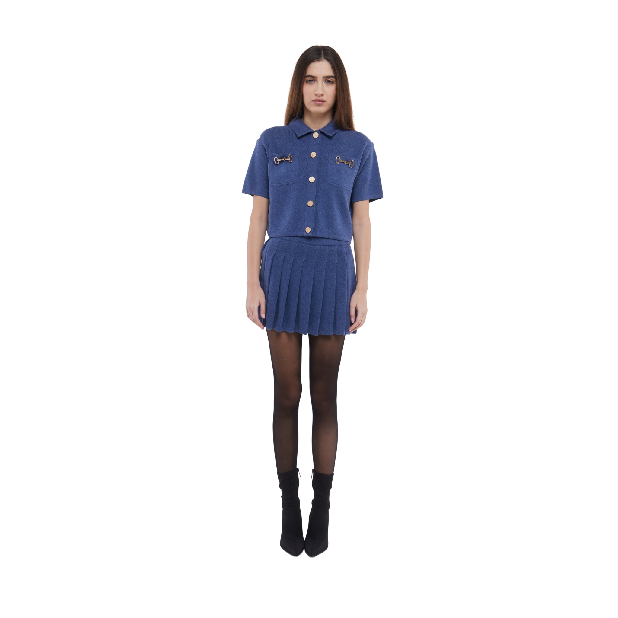 Short Sleeve Cardigan with Horsebit Detail in Denim Blue