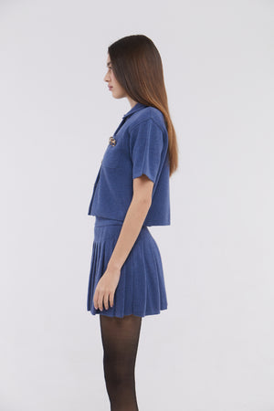 Short Sleeve Cardigan with Horsebit Detail in Denim Blue