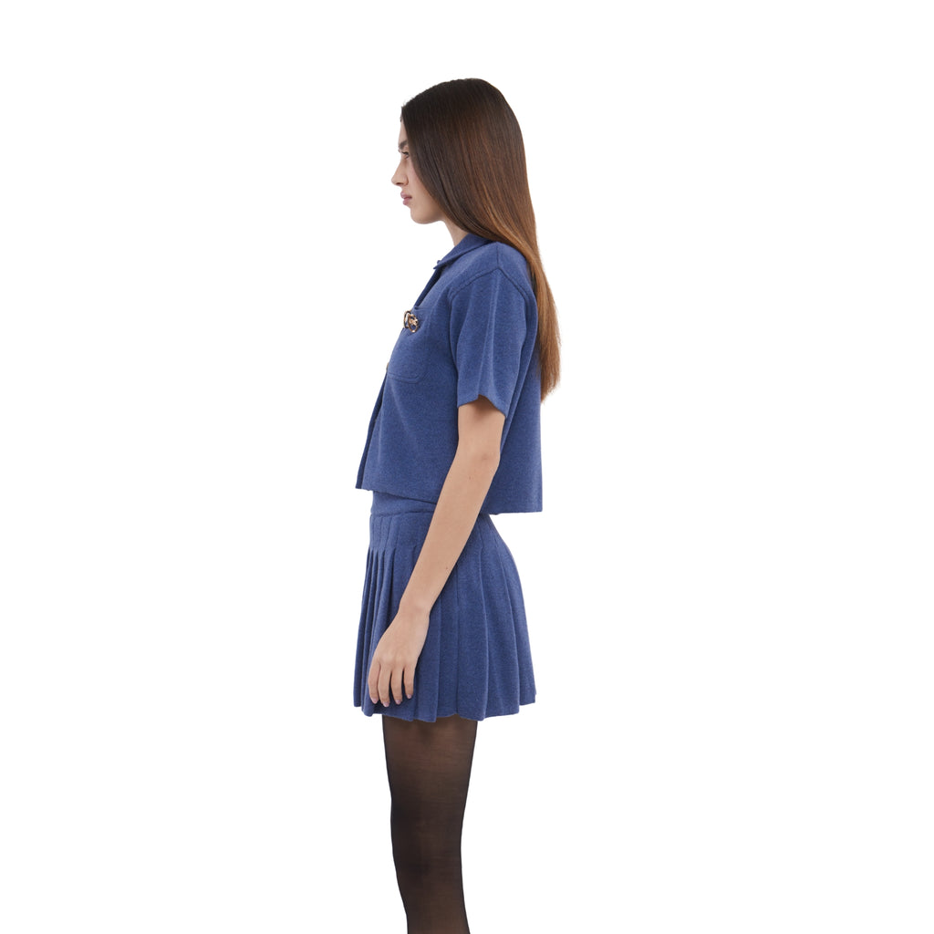 Short Sleeve Cardigan with Horsebit Detail in Denim Blue