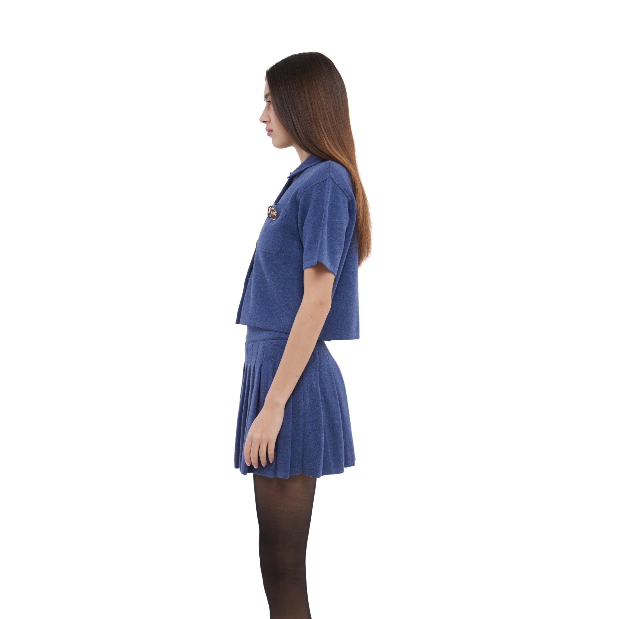 Short Sleeve Cardigan with Horsebit Detail in Denim Blue