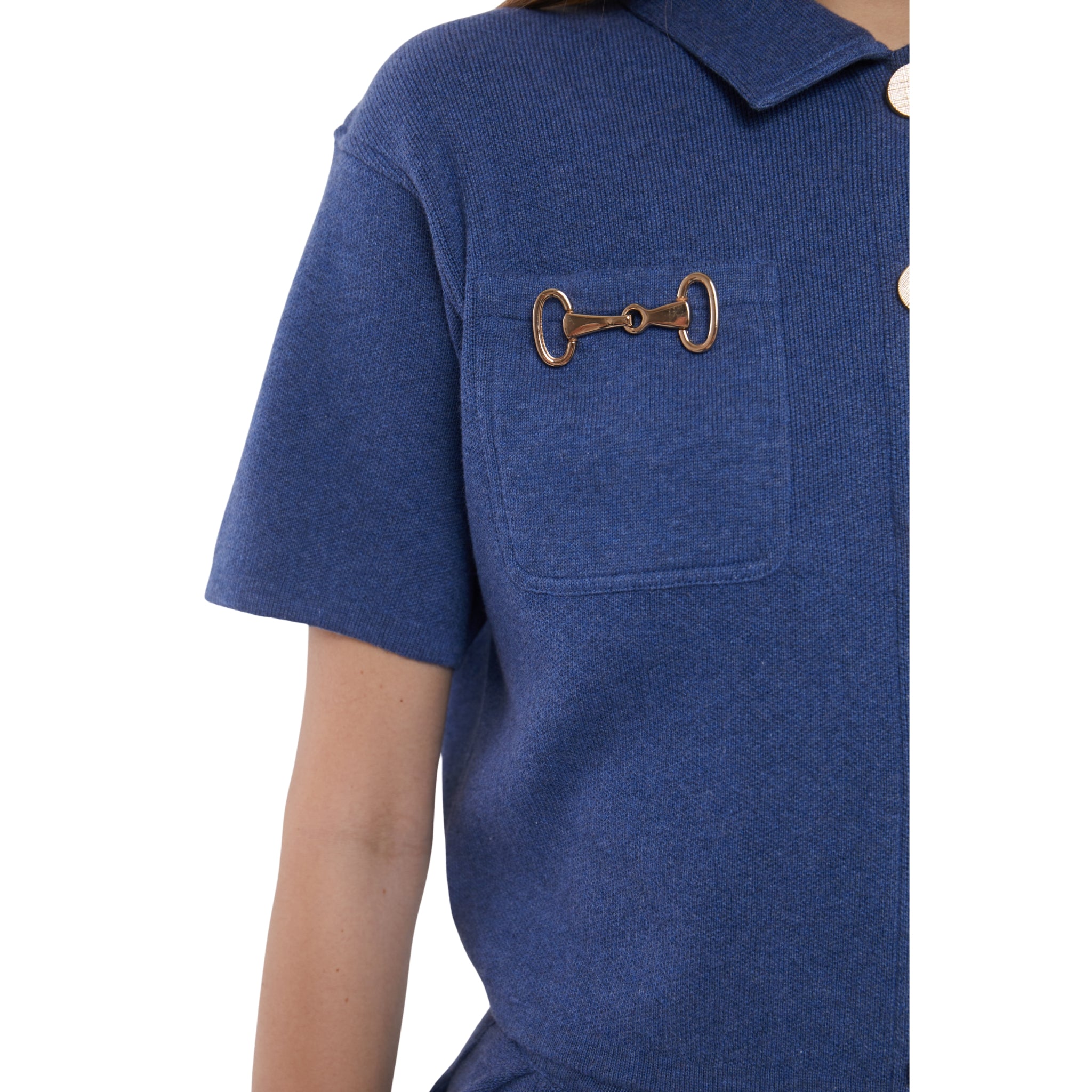 Short Sleeve Cardigan with Horsebit Detail in Denim Blue