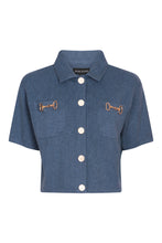 Load image into Gallery viewer, Short Sleeve Cardigan with Horsebit Detail in Denim Blue
