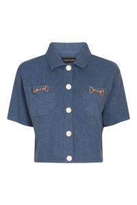 Short Sleeve Cardigan with Horsebit Detail in Denim Blue