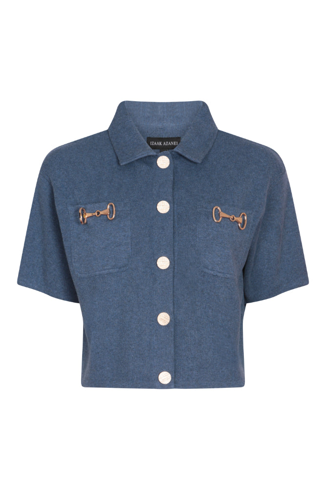 Short Sleeve Cardigan with Horsebit Detail in Denim Blue