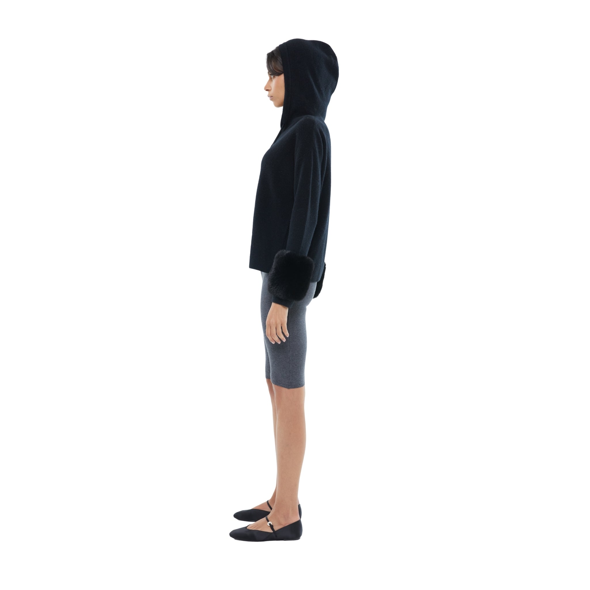 The Faux Cuff Hooded Zipper in Black