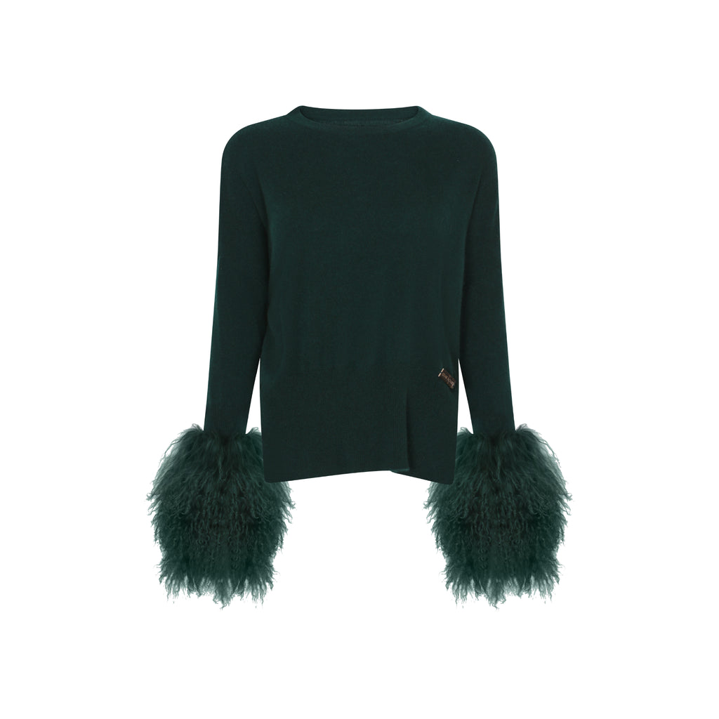 The Round Neck Sweater with Shearling Cuffs in Emerald