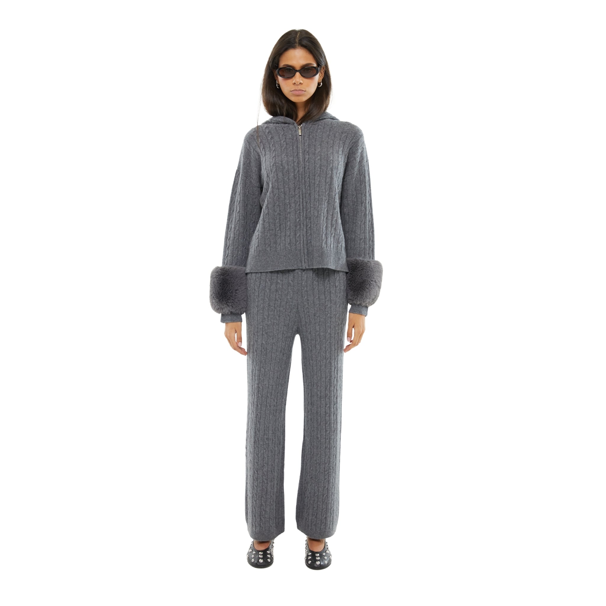 The Cable Knit  Zip Up Faux Cuff Cardigan in Storm
