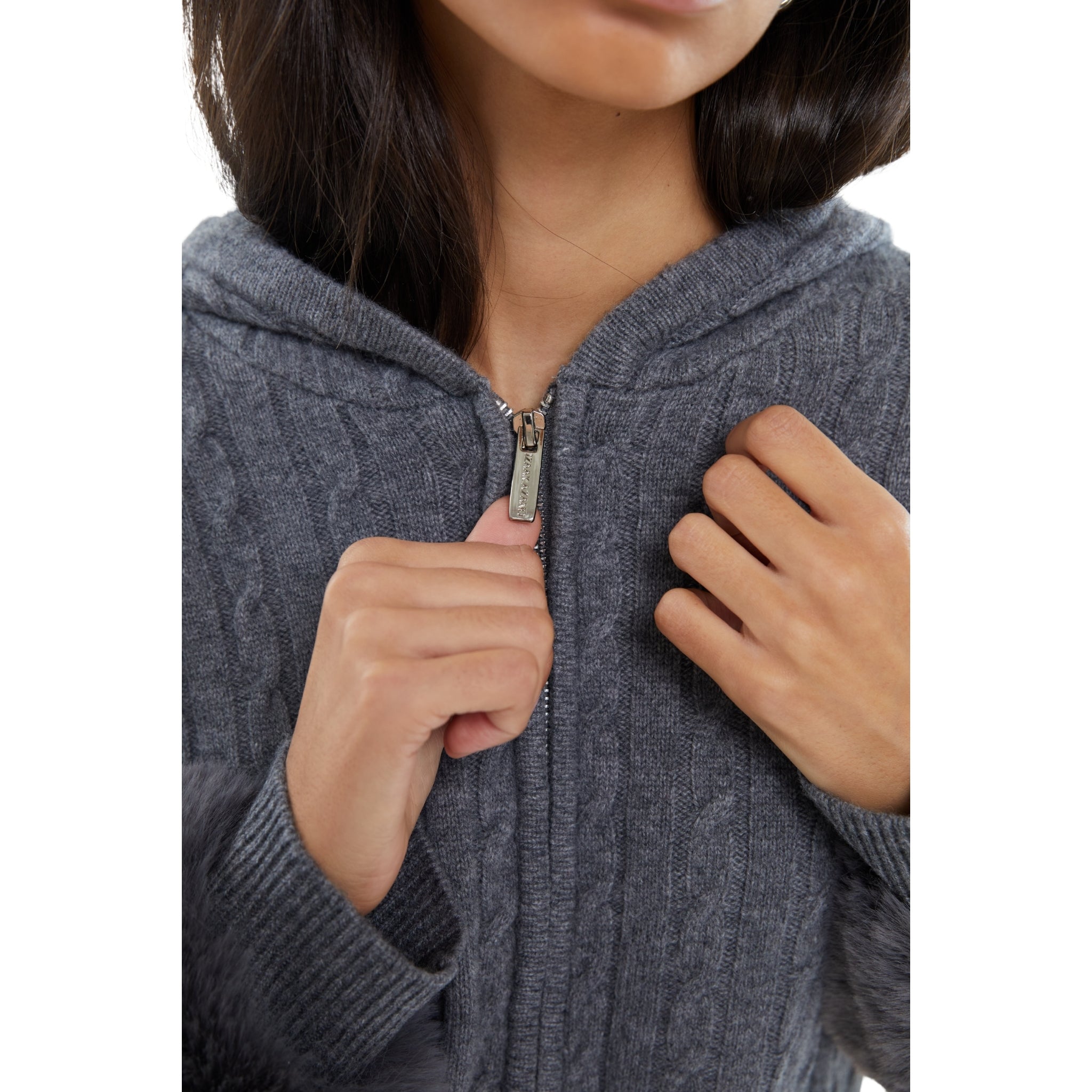The Cable Knit  Zip Up Faux Cuff Cardigan in Storm