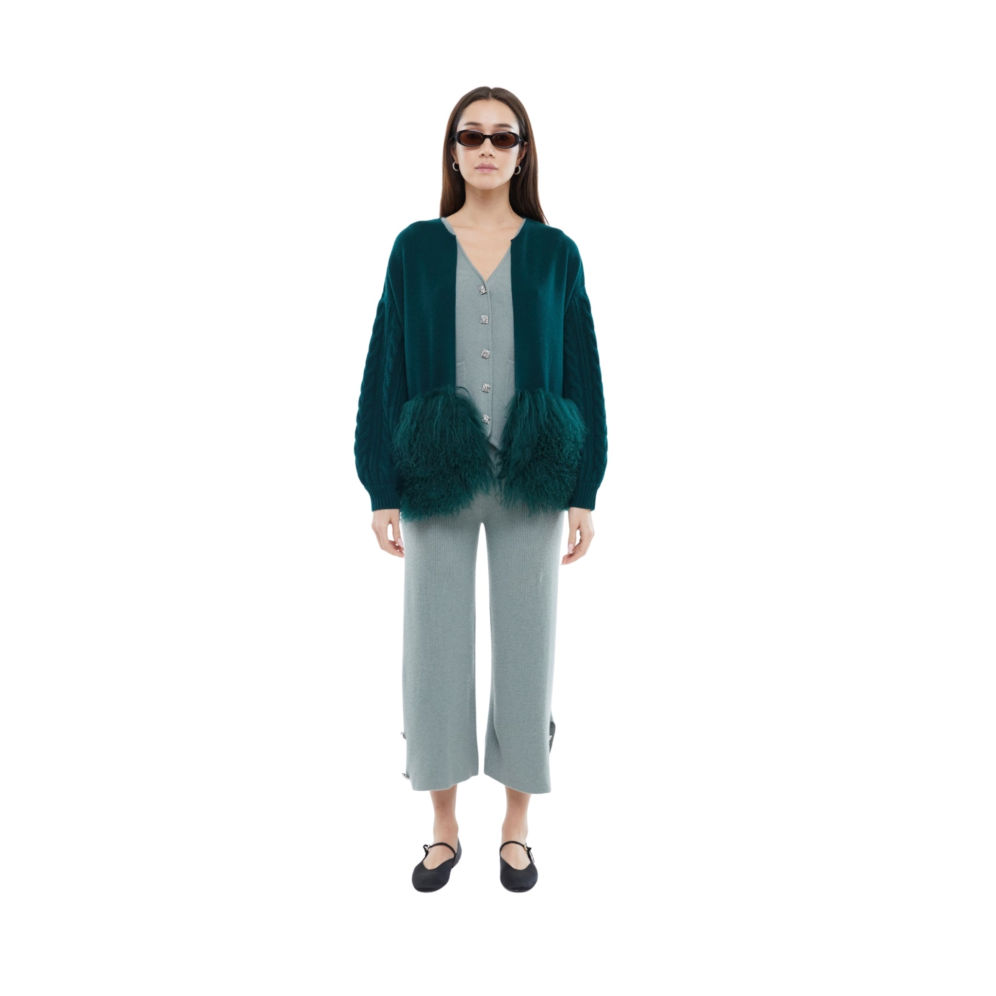 The Cable Knit Jacket with Shearling Trim in Emerald