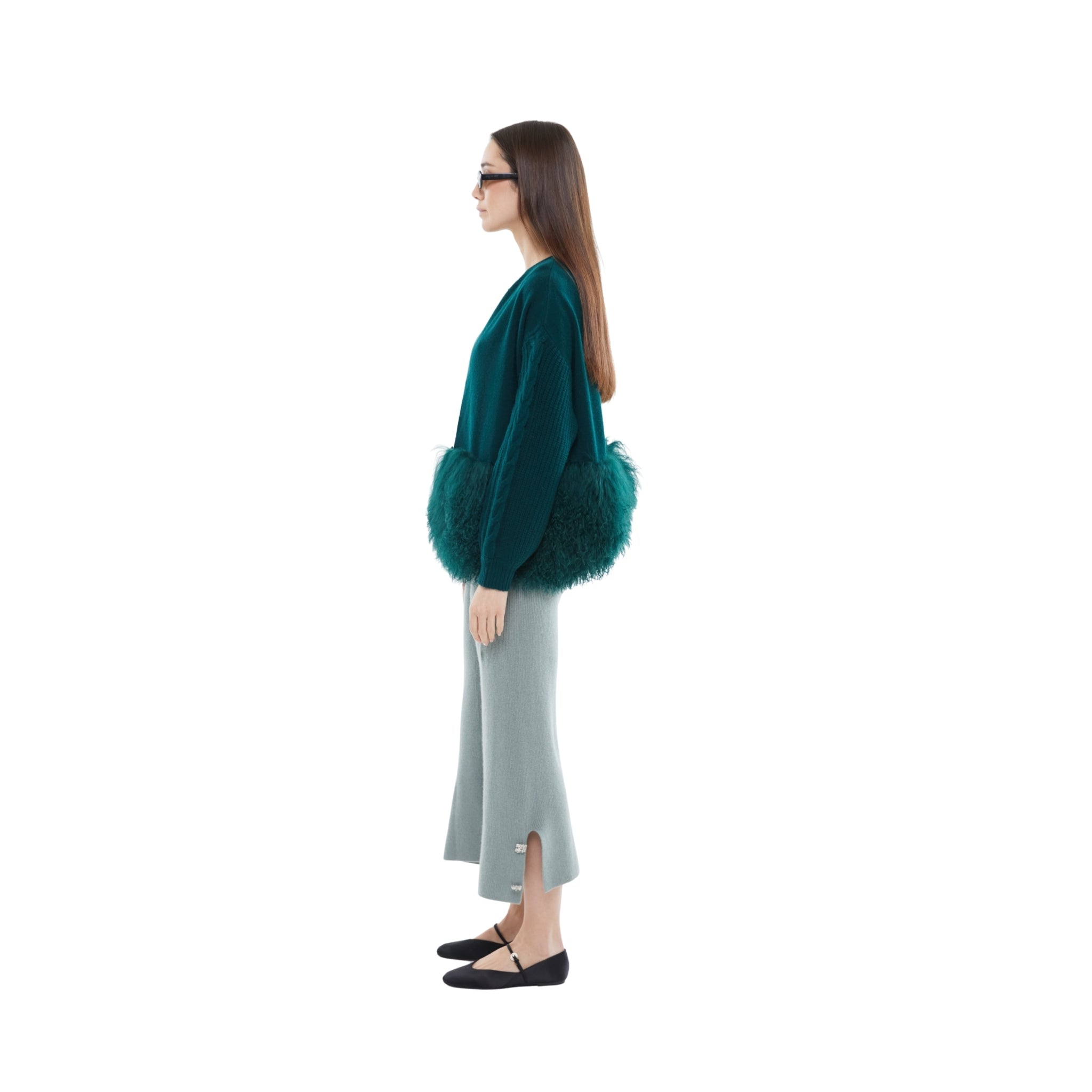 The Cable Knit Jacket with Shearling Trim in Emerald